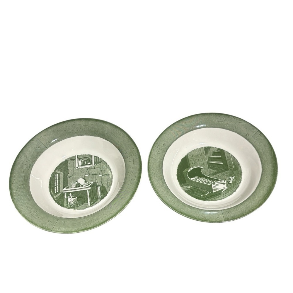 2~Vintage 1950s Green Colonial Homestead by Royal Ironstone China Serving Bowls